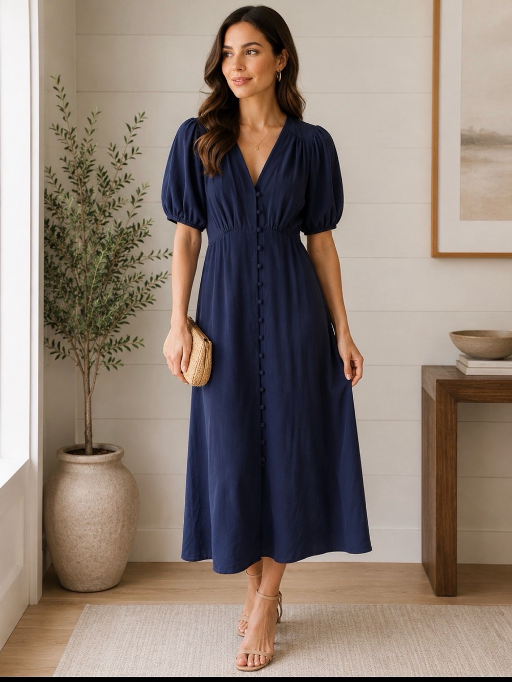 Chelsea & Violet Navy Button-Front Midi Dress with Puff Sleeves NWT